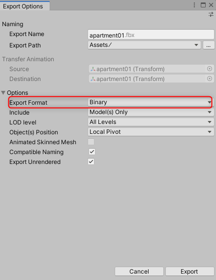 how to export fbx file from unity